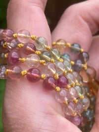 Image 4 of Rainbow Tourmaline Mala with Citrine Tassel, Rainbow Tourmaline 108 Bead Hand Knotted Gemstone Mala 