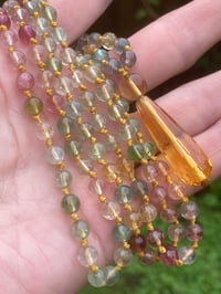 Image 3 of Rainbow Tourmaline Mala with Citrine Tassel, Rainbow Tourmaline 108 Bead Hand Knotted Gemstone Mala 