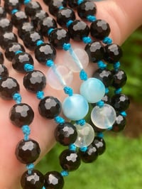 Image 4 of Black Spinel Blue Moonstone Dominican Larimar Mala, Black Spinel 108 Bead Gemstone Mala Necklace