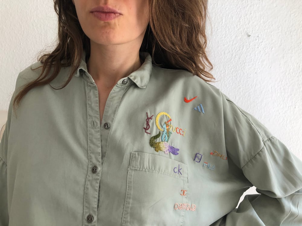 Image of I don’t like logos - hand embroidered button up shirt, upcycled, one of a kind