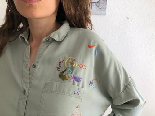 Image of I don’t like logos - hand embroidered button up shirt, upcycled, one of a kind