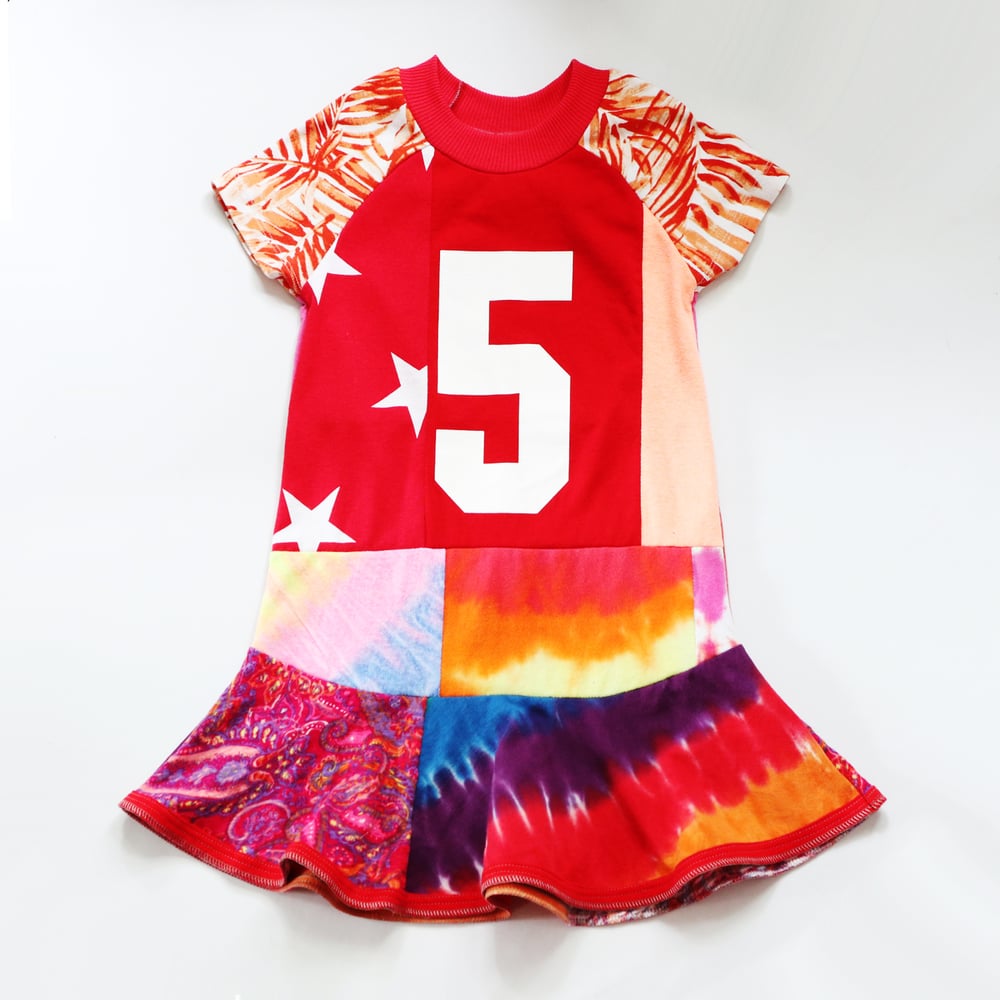 Image of tiedye red paisley mix stars five 5 5th fifth bday party birthday courtneycourtney upcycled dress