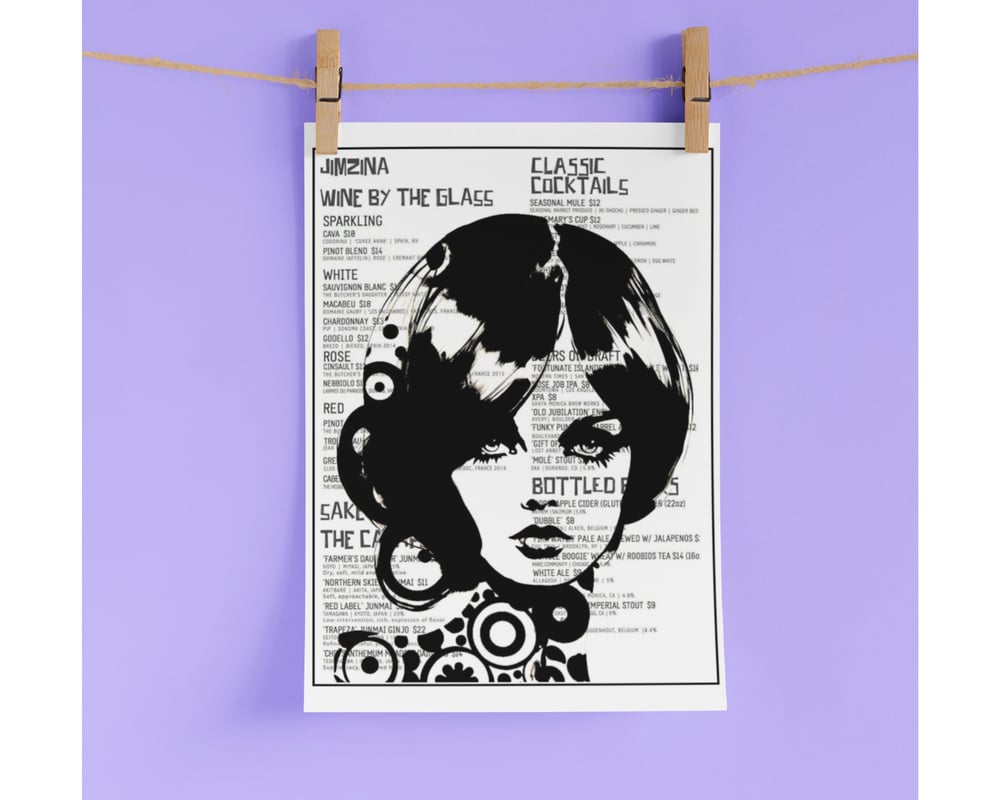 Image of 60s Style Woman A4 Print on Cocktail menu