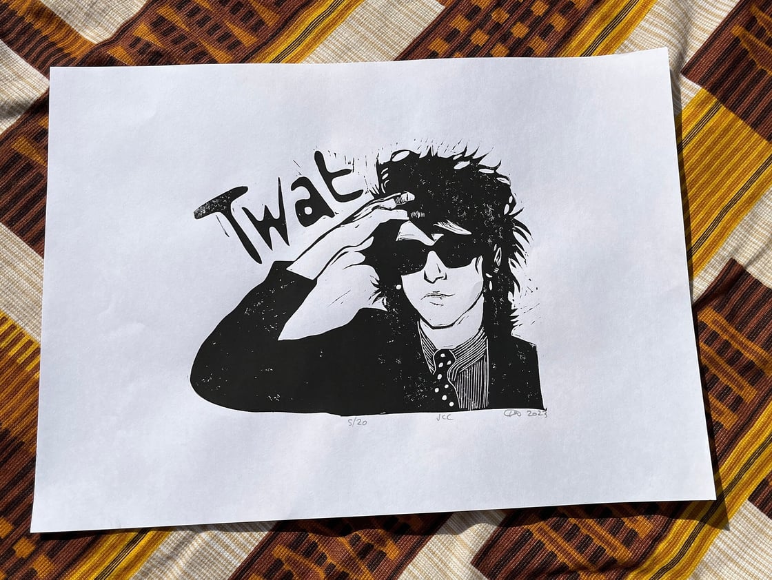 Image of John Cooper Clarke. T**t. Hand Made. Original A3 linocut print. Limited and Signed. Art.