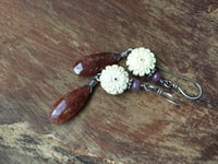 Image 2 of Carved flower, Strawberry Quartz and Ruby earrings