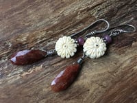 Image 3 of Carved flower, Strawberry Quartz and Ruby earrings