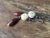 Image 4 of Carved flower, Strawberry Quartz and Ruby earrings