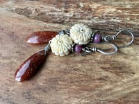 Image 1 of Carved flower, Strawberry Quartz and Ruby earrings