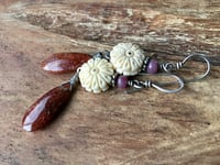 Image 5 of Carved flower, Strawberry Quartz and Ruby earrings