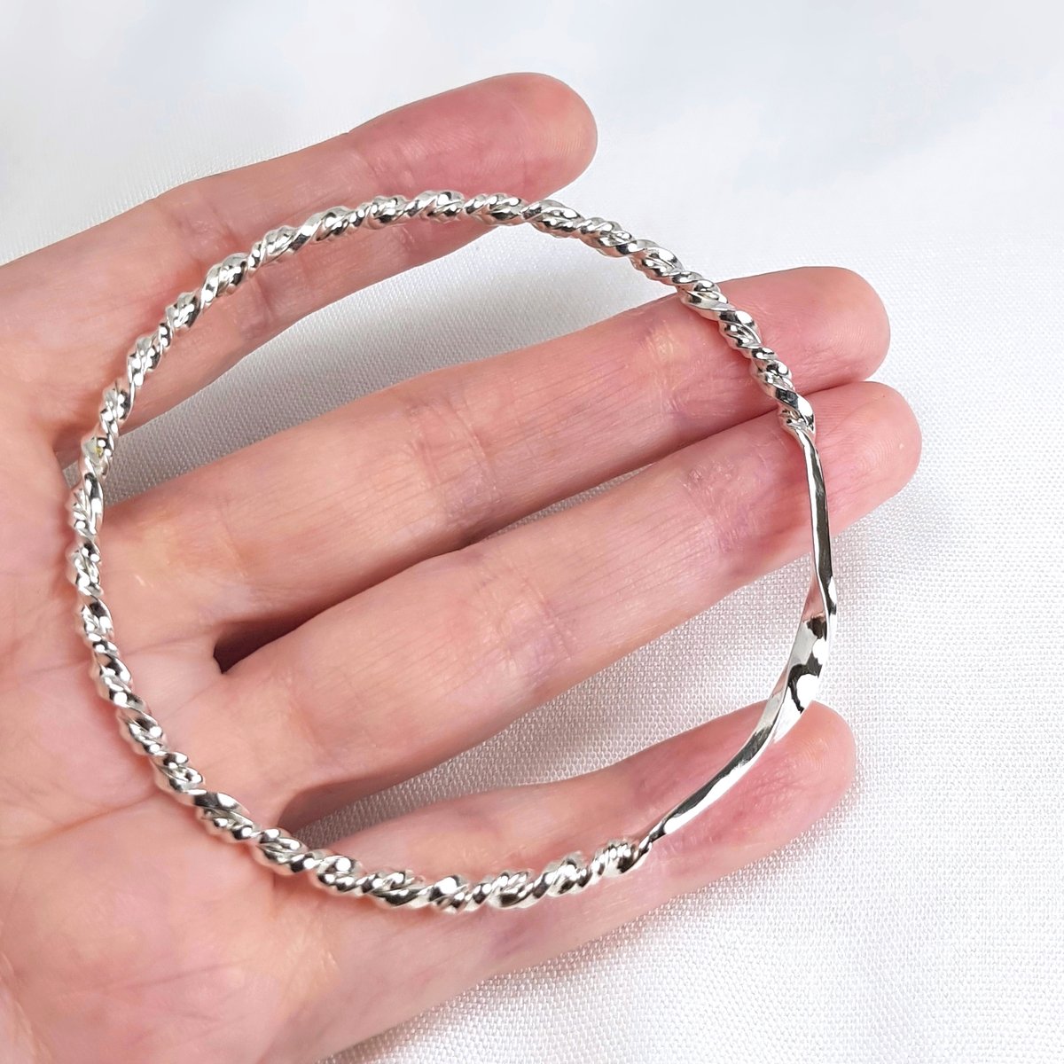Image of Sterling Silver Twisted Bangle, Solid Silver Bracelet, Sustainable Jewellery, UK Hallmark