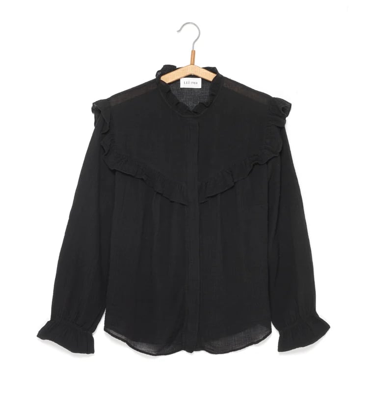 Image of Blouse volantée gaze de coton SUZANNE Noir 145€ -50%