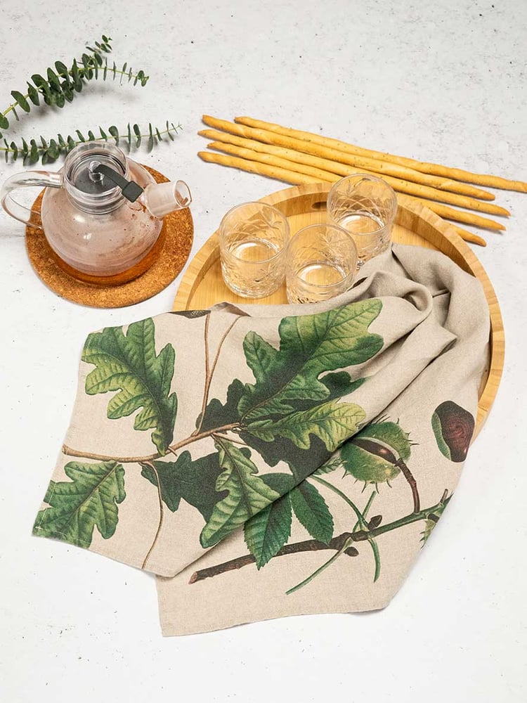 Image of Torchon en Lin:  feuilles de chênes ou feuilles de Châtaigniers