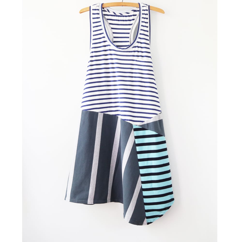 Image of superstripe blue gray pocket stripes size L/XL patchwork adult racerback courtneycourtney tank d