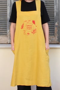Image 4 of Japanese Style Linen Apron in Saffron with Pink