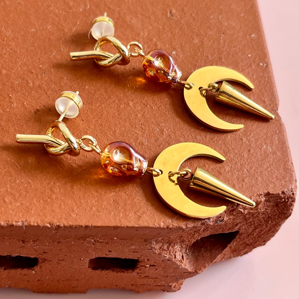 Image of Amber Skull and Moon Knotted Drops - Fine Thanks