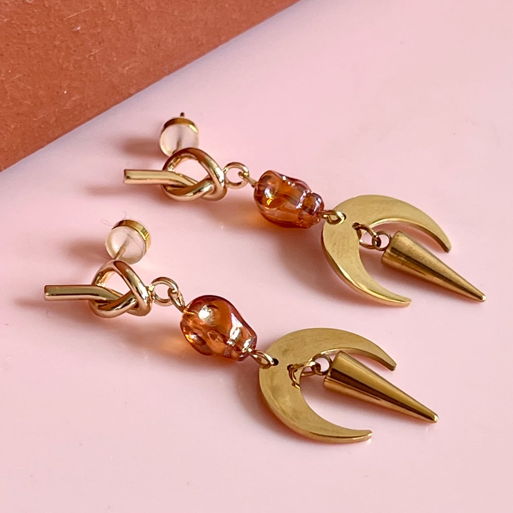 Image of Amber Skull and Moon Knotted Drops - Fine Thanks