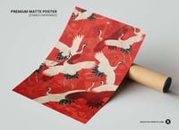 Image 3 of White Cranes - Red Kimono Art Print Poster