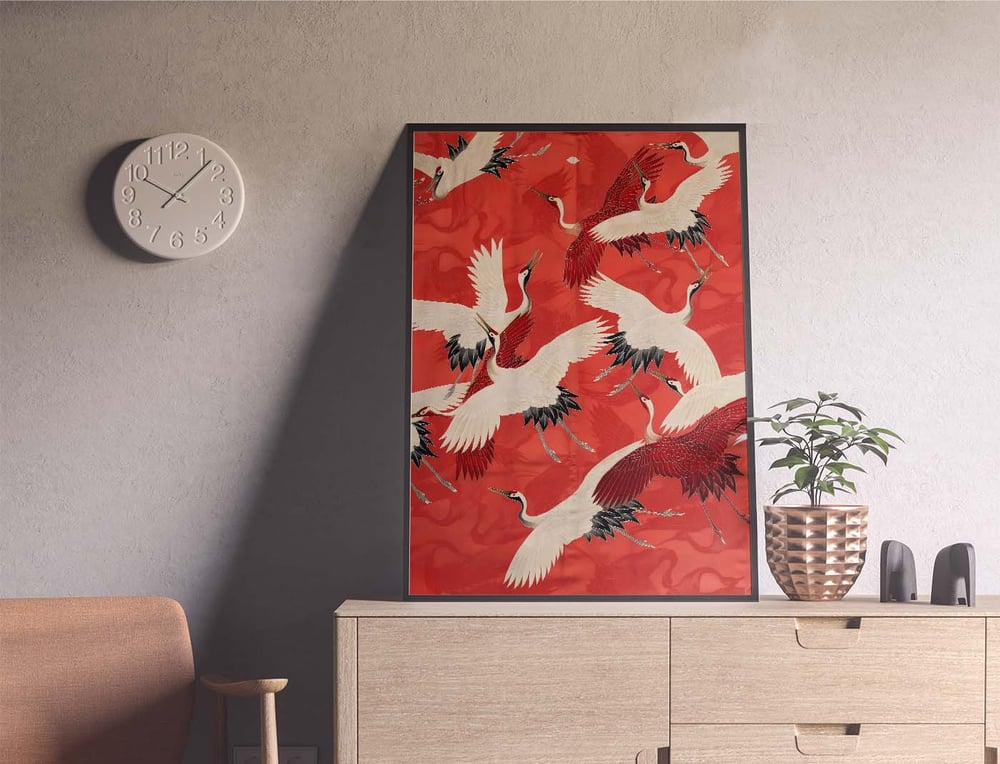 White Cranes - Red Kimono Art Print Poster