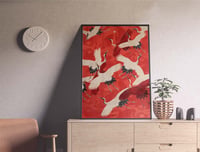 Image 2 of White Cranes - Red Kimono Art Print Poster