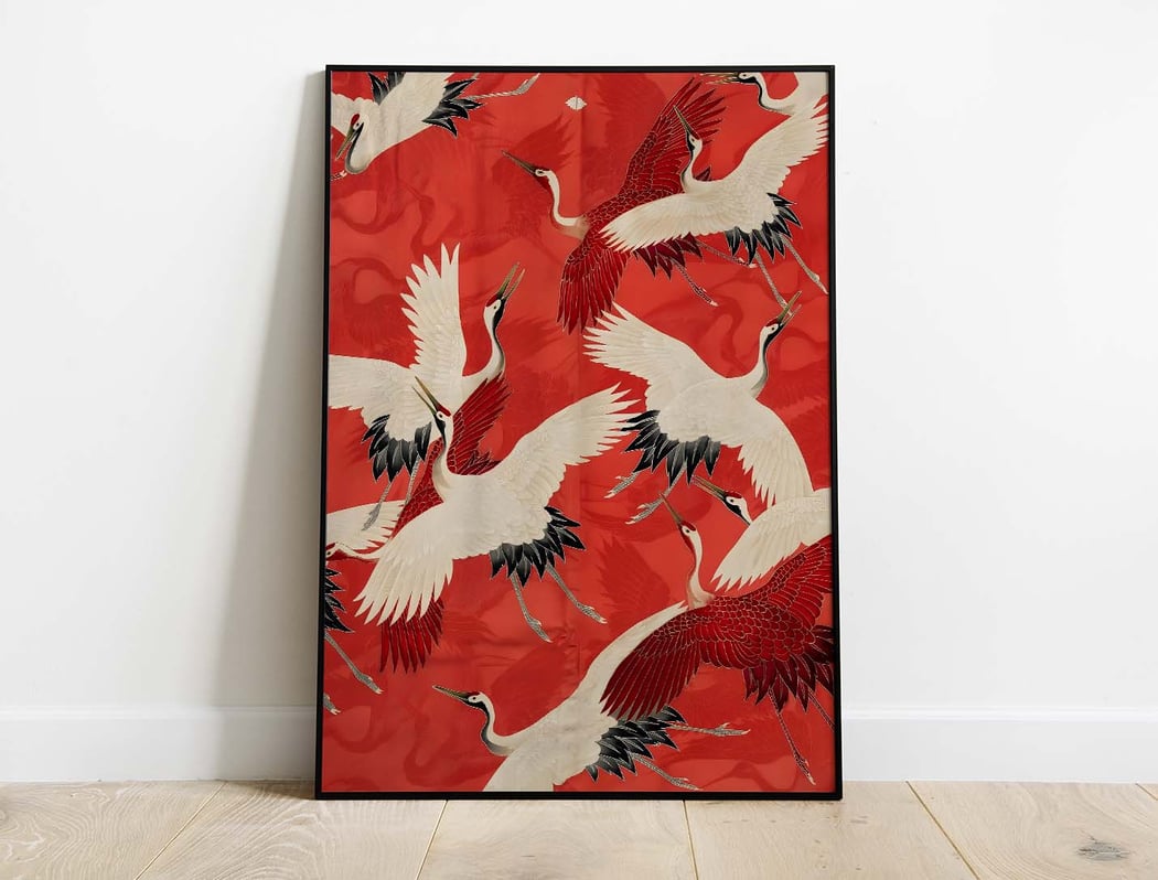 White Cranes - Red Kimono Art Print Poster | Architeg Prints