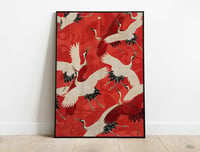 Image 1 of White Cranes - Red Kimono Art Print Poster