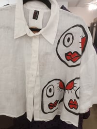 Image 2 of cropped hand painted linen shirt... crazy faces