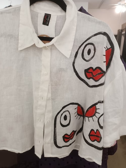 Image of cropped hand painted linen shirt... crazy faces