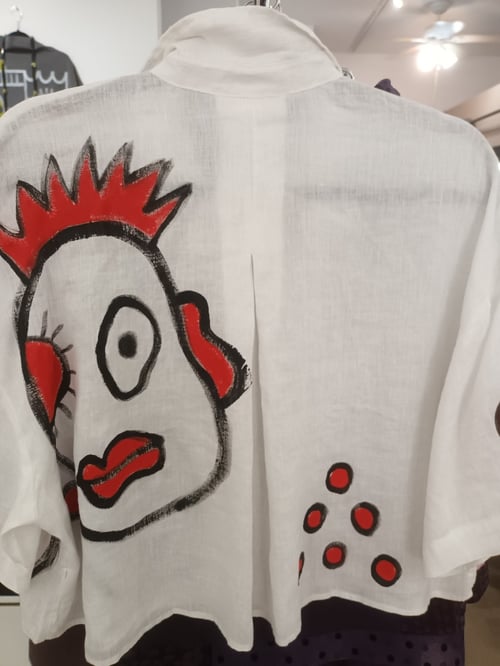 Image of cropped hand painted linen shirt... crazy faces