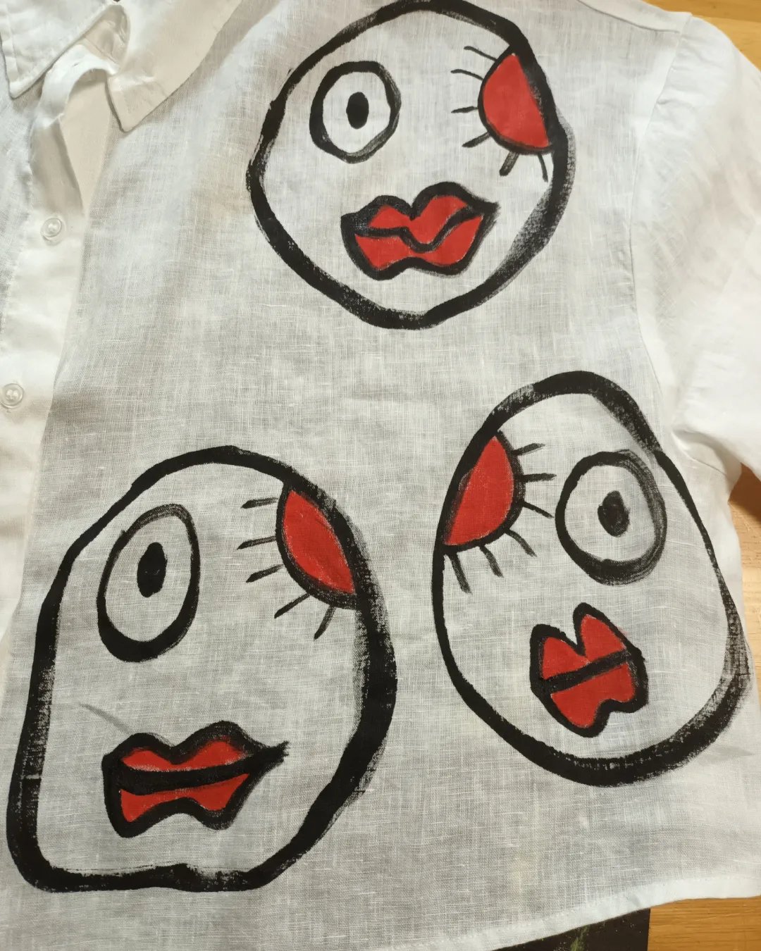 Image of cropped hand painted linen shirt... crazy faces