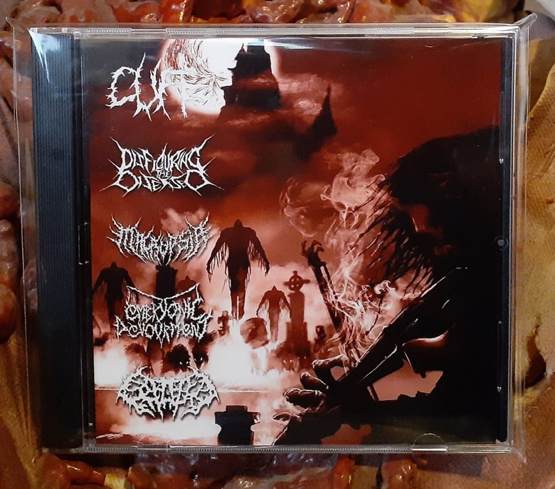 Image of 5 Way Slam Split CD - CUFF, MACROPSIA, SPLATTERED ENTRAILS, DISFIGURING OF  DISEASE and EMBRYONIC DE