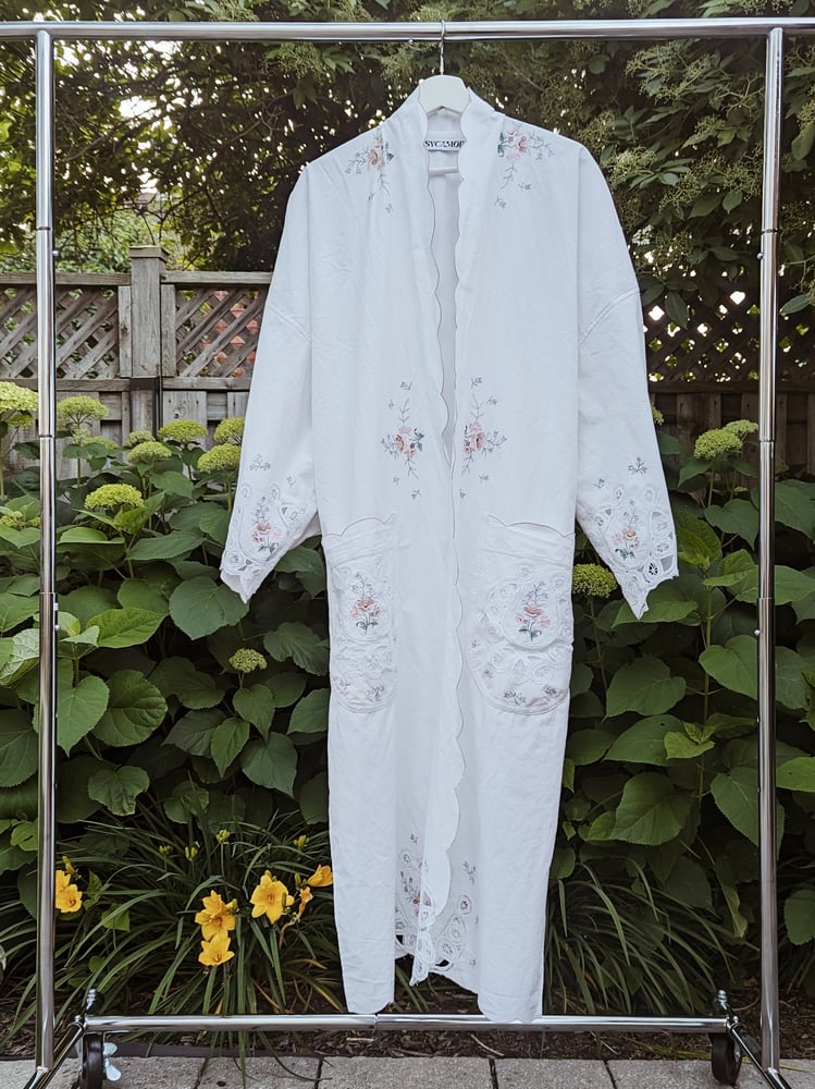 Image of Pink Rose Embroidered Tablecloth Robe - L/XL