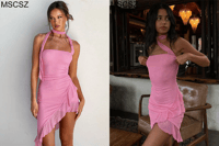 Halter Neck Ruffle Mini Dress Pink Strapless Asymmetrical Bodycon Summer Dress