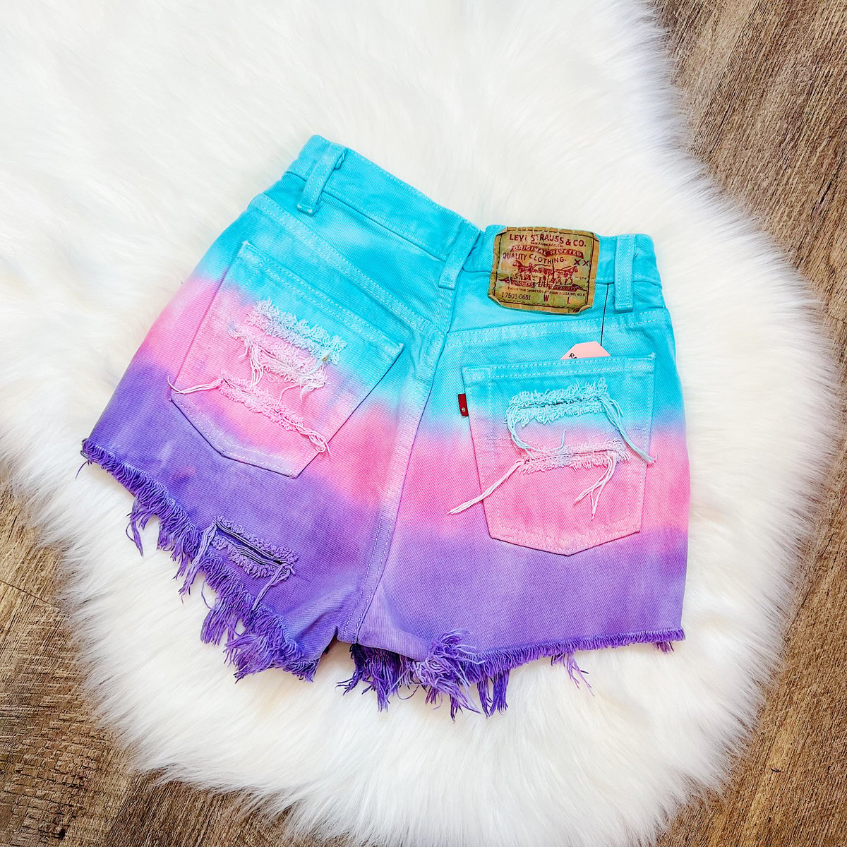 Image of Size 23/24" waist - Vintage Levi 501 Ombre Rainbow Studded Shorts