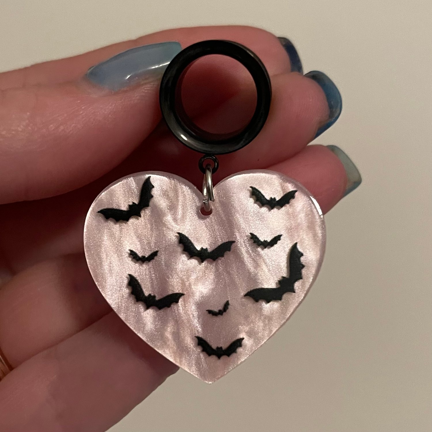 Image of Pink Marble Heart Bat Tunnel Dangles (sizes 2g-2”)
