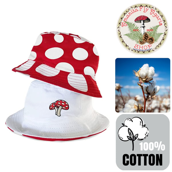 Image of 🍄 Amanita Reversible Unisex Bucket Cap / Hat - Red & White - One Size - Cotton 