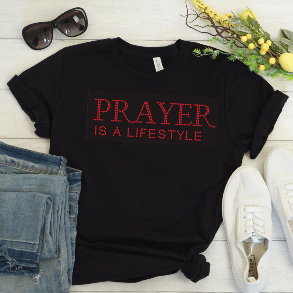 Image of Prayer Is A Lifestyle Women's Red Bling T-shirt