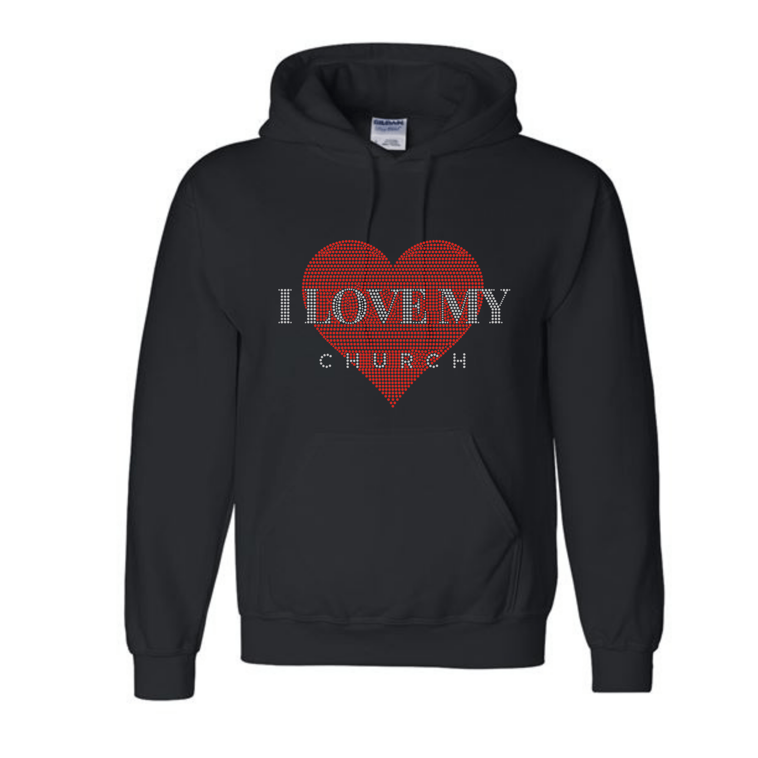 Image of "I LOVE MY CHURCH" Women's Faith-Based Black Blinged Hoodie