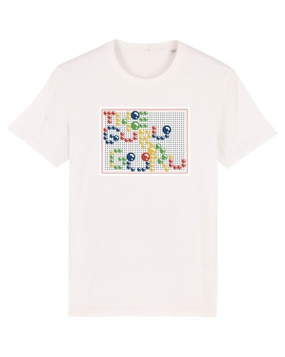 Image of White t-shirt 'Make (Less) Babies' Mosaic toy print