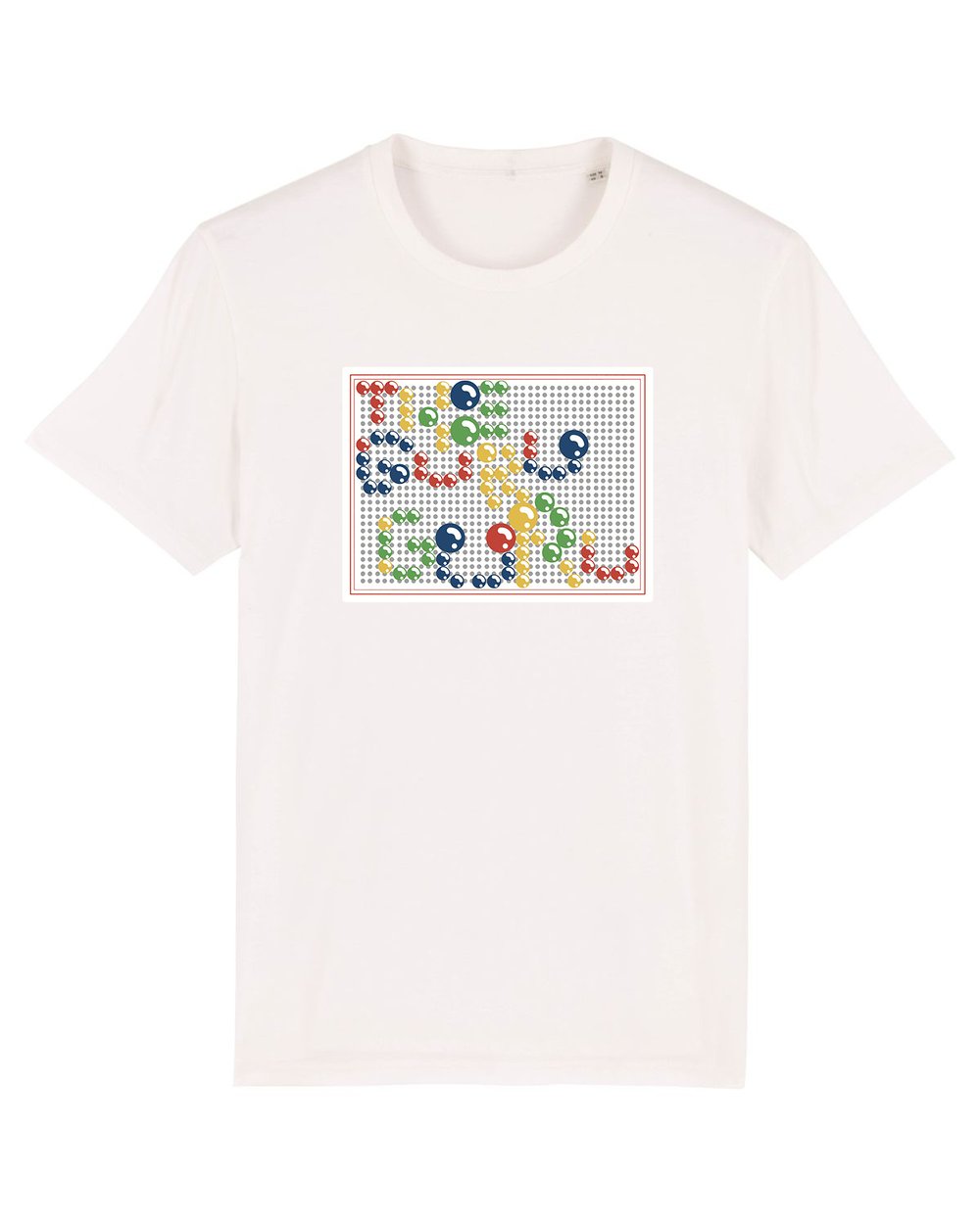 Image of White t-shirt 'Make (Less) Babies' Mosaic toy print