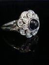 ART DECO 18CT WHITE GOLD CABOCHON SAPPHIRE OLD CUT DIAMOND CLUSTER RING