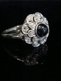 Image 2 of ART DECO 18CT WHITE GOLD CABOCHON SAPPHIRE OLD CUT DIAMOND CLUSTER RING