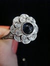 ART DECO 18CT WHITE GOLD CABOCHON SAPPHIRE OLD CUT DIAMOND CLUSTER RING