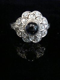 Image 1 of ART DECO 18CT WHITE GOLD CABOCHON SAPPHIRE OLD CUT DIAMOND CLUSTER RING