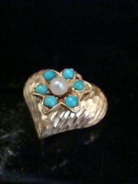 Image 1 of Victorian high carat 15ct yellow gold turquoise and pearl heart puff pendant