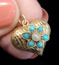 Image 4 of Victorian high carat 15ct yellow gold turquoise and pearl heart puff pendant