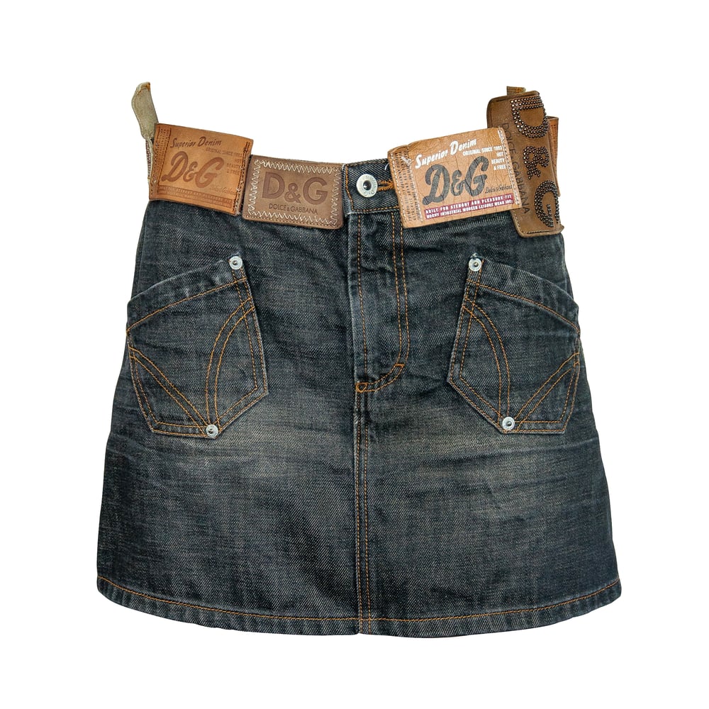 Image of Dolce & Gabbana Leather Patch Denim Skirt