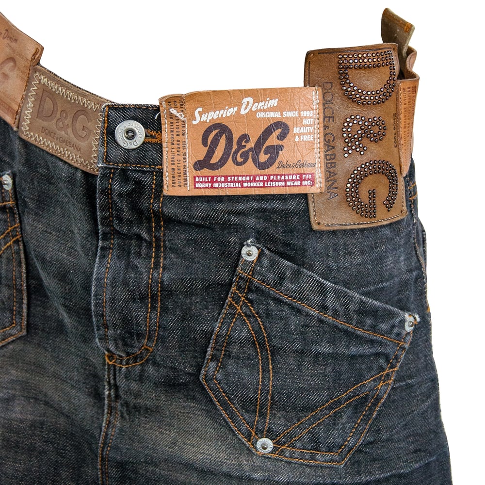 Image of Dolce & Gabbana Leather Patch Denim Skirt