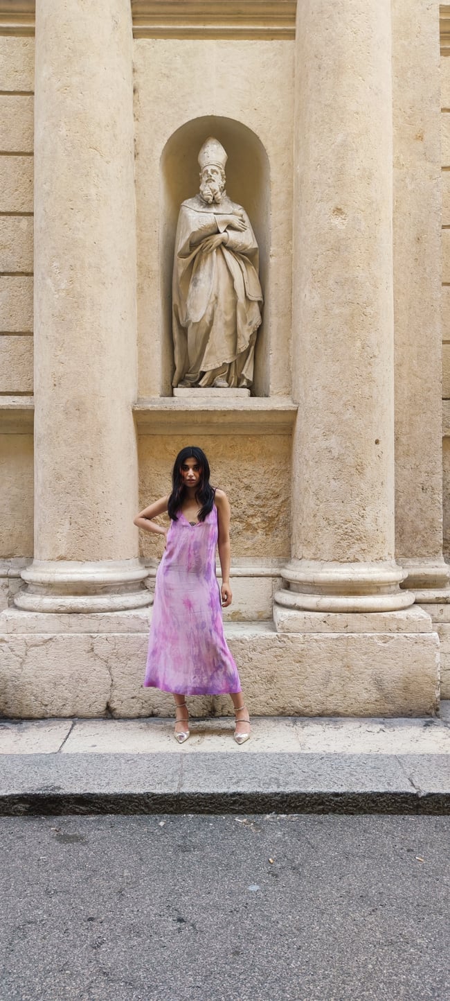 PURA SETA: abito sottoveste midi  violetto