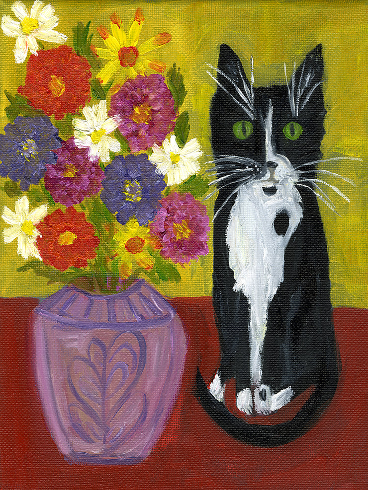Image of Little Bit with zinnias. Limited edition print.