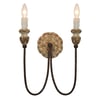 A sophisticated and antiquarian-inspired rustic natural wood and iron 2-light wall sconce